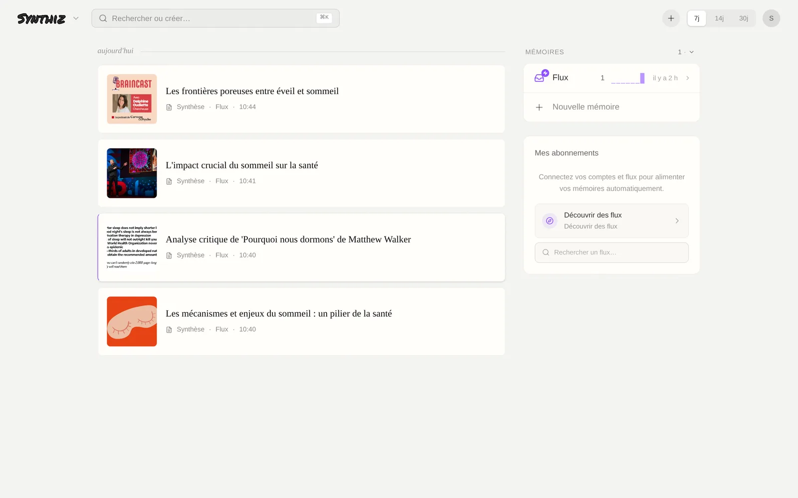 Screenshot — Timeline avec cartes Engram et Pensée